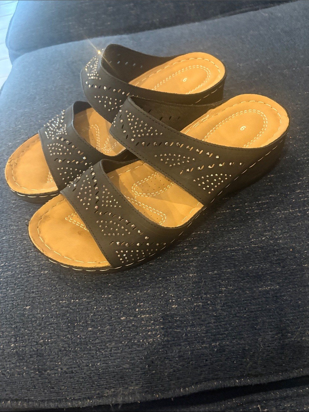 Black Slip-On Wedge Sandals with Stud Detail - Women